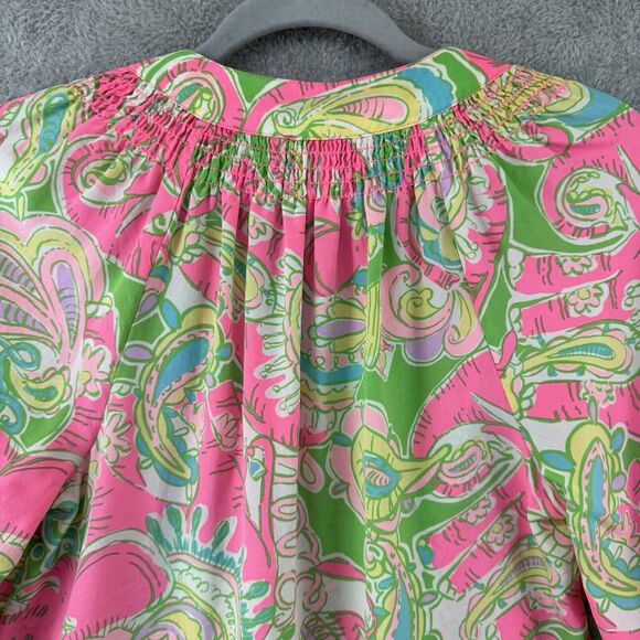 Lilly Pulitzer Top XS Silk Elsa Chin Chin Elephant Pink Ballon Sleeve V-Neck - Picture 10 of 16